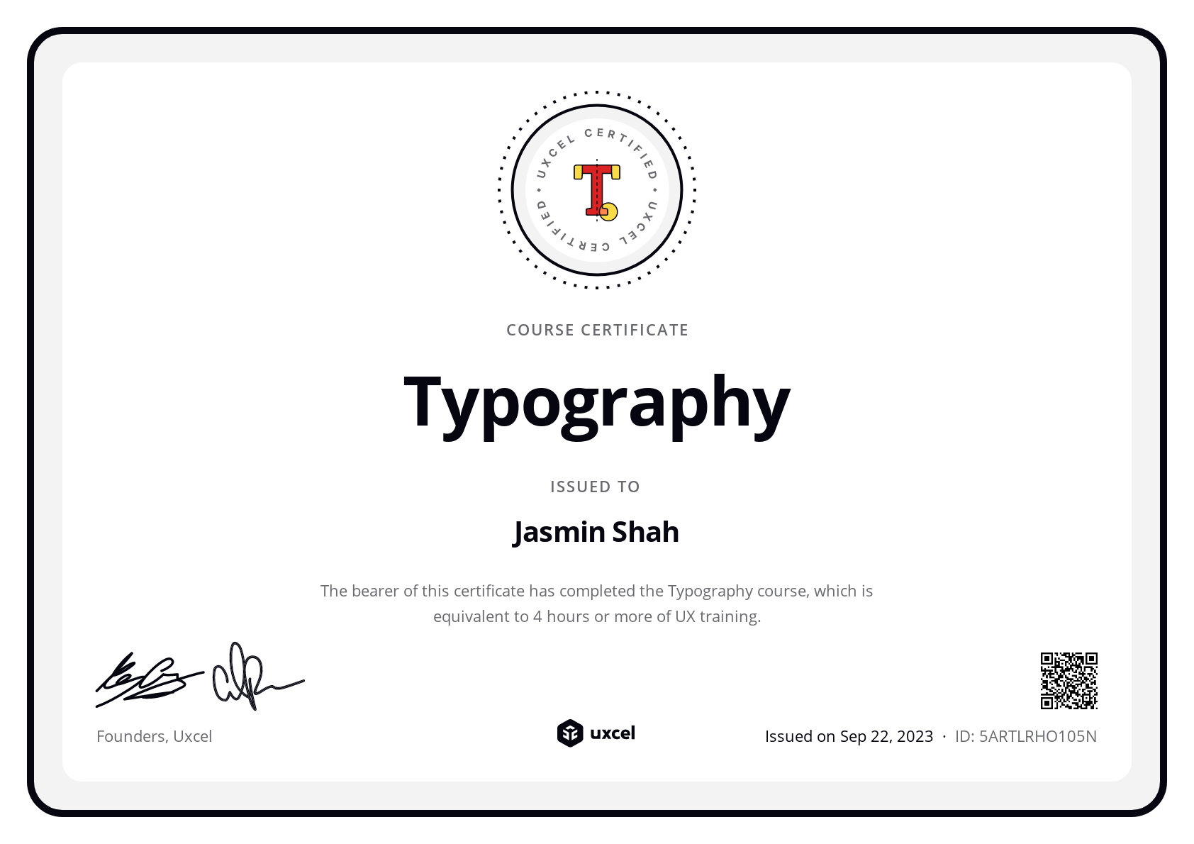 Jasmin Shah's certificate